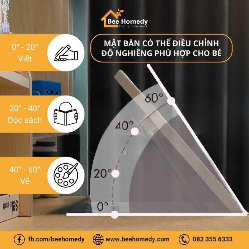 Mặt bàn có thể điều chỉnh độ nghiêng phù hợp cho bé.