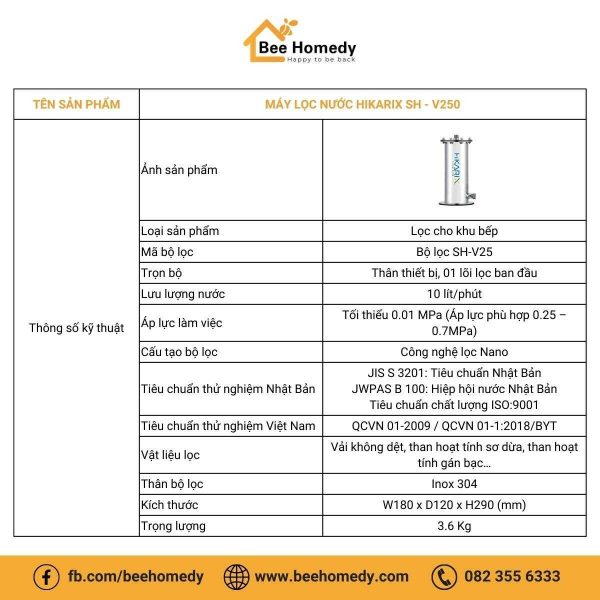 Máy lọc nước Nhật Bản Hikarix SH-V250 Thông số kỹ thuật của máy lọc nước Nhật Bản Hikarix.