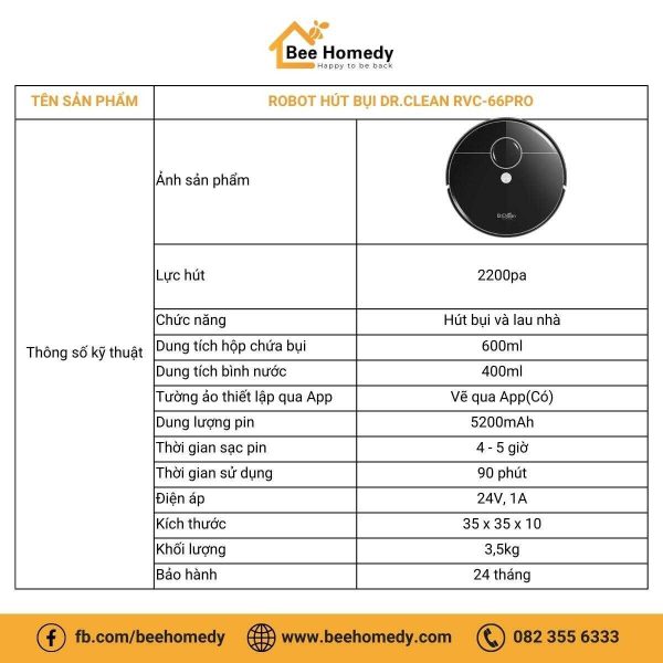 Ro Bốt Hút Bụi Lau Nhà DR. CLEAN RVC66 Pro Robot có chức năng hút bụi là lau nhà hiệu quả.